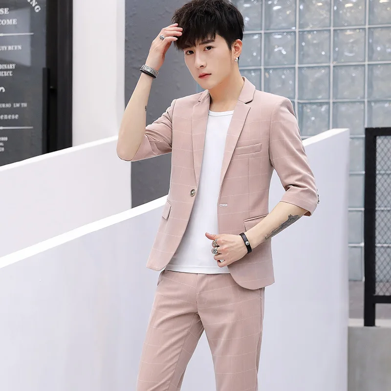 

2021 Men's Half Sleeve Slim Fit Plaid Suit Youth Spring and Summer Leisure Suit