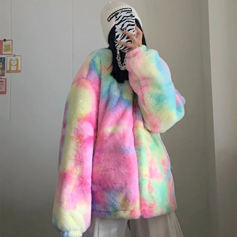 2021 New Winter Women Gradient Color Mid-Length Warm Plush Jacket Korean Style Loose Oversize Zipper Rainbow Warm Coat Plus Size