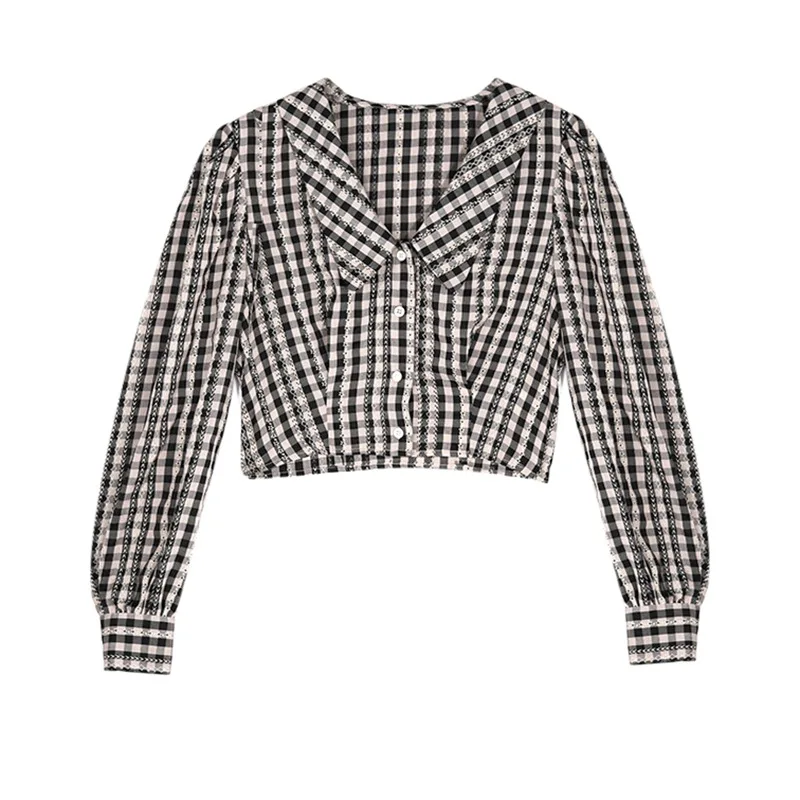 

Retro Sweet Doll Collar Plaid Short Top Women's Shirt Spring Autumn Long-sleeved Loose All-match Top/