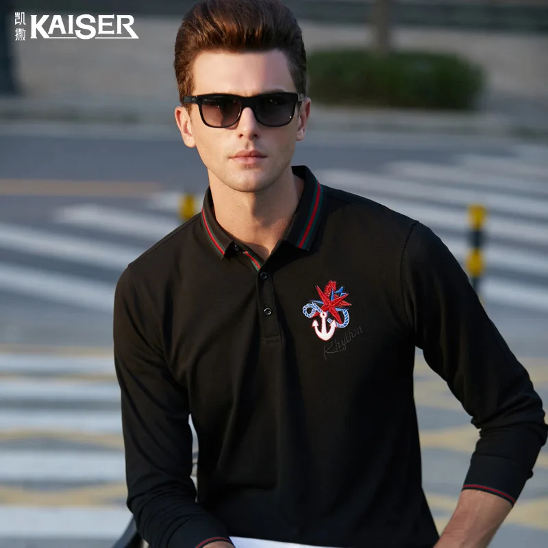 

Caesars Men's 2021 Spring and Autumn New Men's Light Business Polo Shirt Middle-aged Solid Color Long Sleeve Lapel T-Shirt tenis