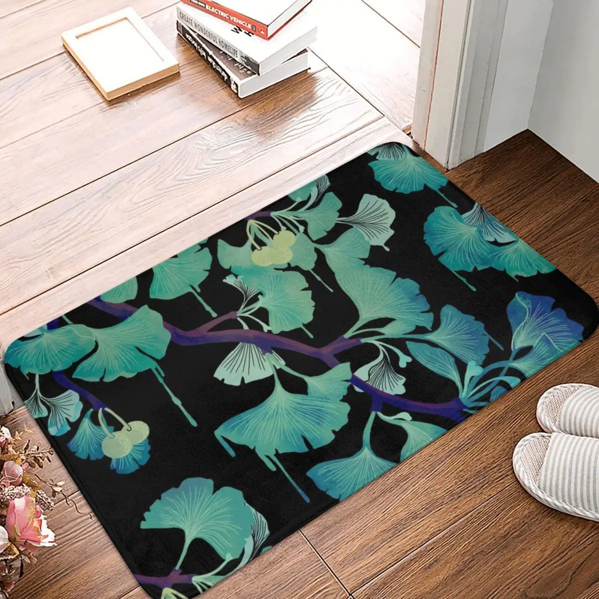 

O Ginkgo On Black Doormat Carpet Mat Rug Polyester Non-Slip Floor Decor Bath Bathroom Kitchen Balcony 40x60