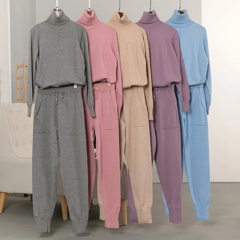 

Women suit track costume 2 pieces sets Autumn winter turtleneck pullovers and long knitted pants knitted suits