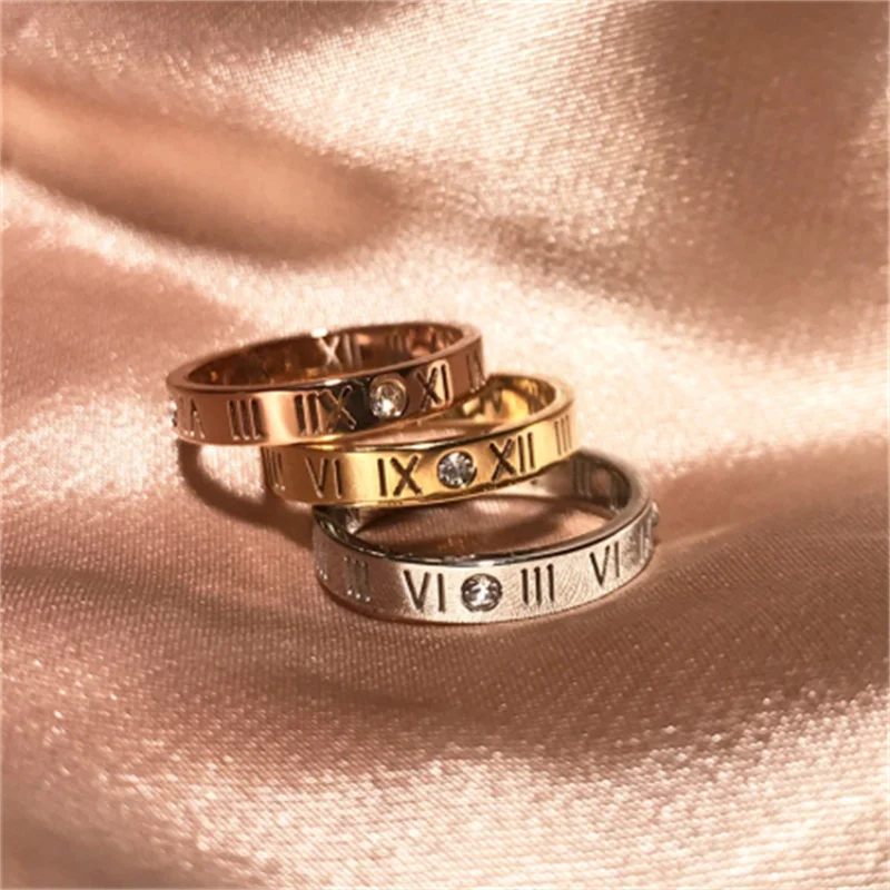 

Fashion Zircon Roman Number Couple Ring Rose Gold Color Woman Gift Steel Jewelry wholesale