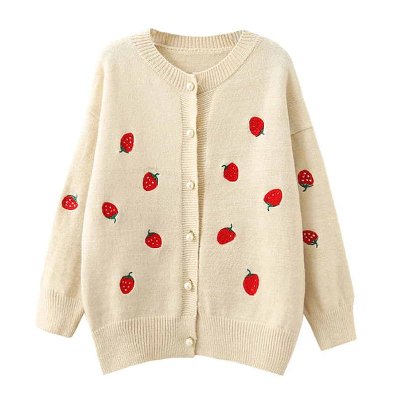 Женский трикотажный свитер с вышивкой клубники и длинным рукавом желтый