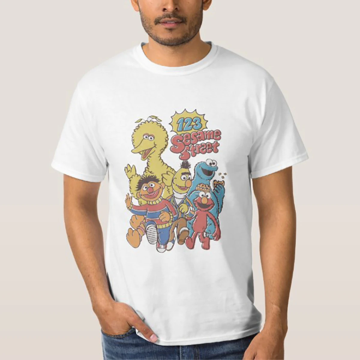 

Vintage 123 Sesame Street 2 Men's T Shirts Fun Tee Shirt Short Sleeve Round Neck T-Shirt Cotton Party Clothes