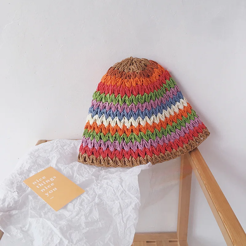

Korean Style Color Matching Retro Rainbow Parent-child Straw Hat Summer New Girl Baby Foldable Big Edge Shade Fisherman Hat