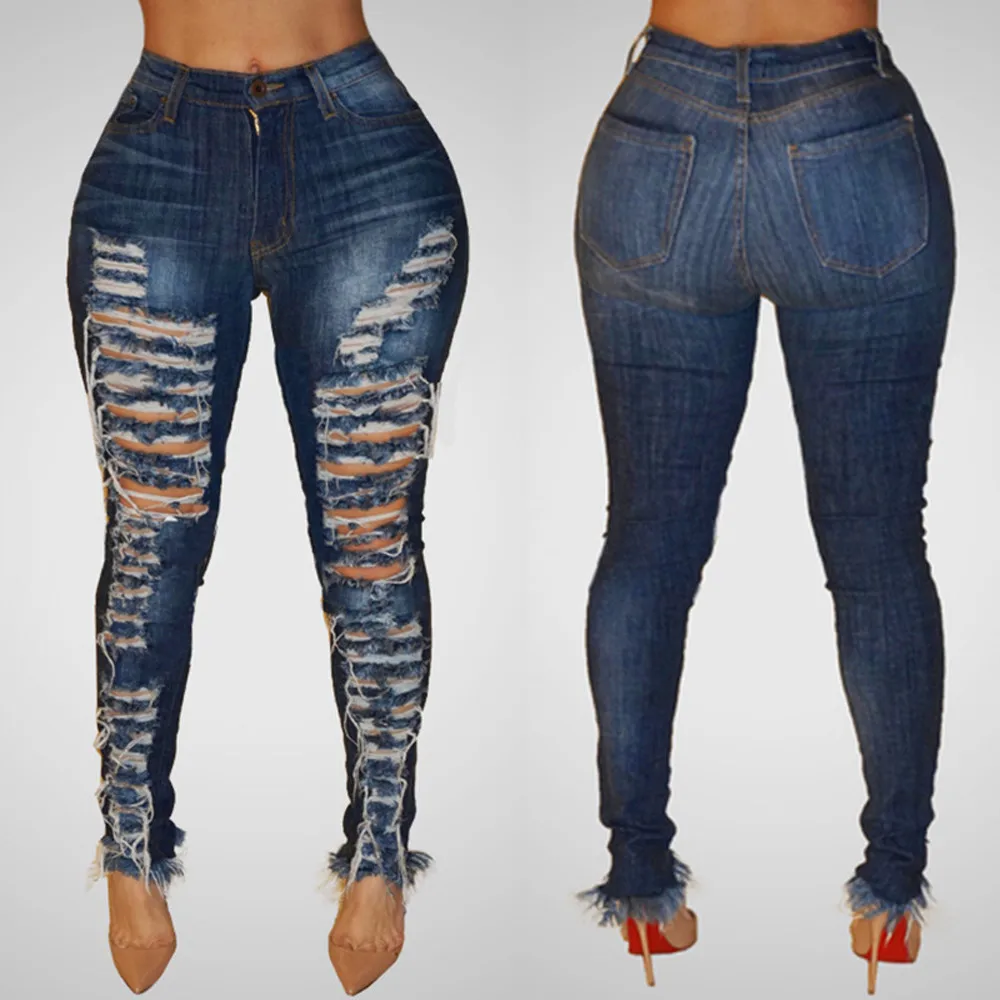 

Ladies Big Ripped Jeans Foot Pants High Waisted Hole Skinny Denim Jeans Stretch Slim Pants Calf Length Jeans Брюки Женские