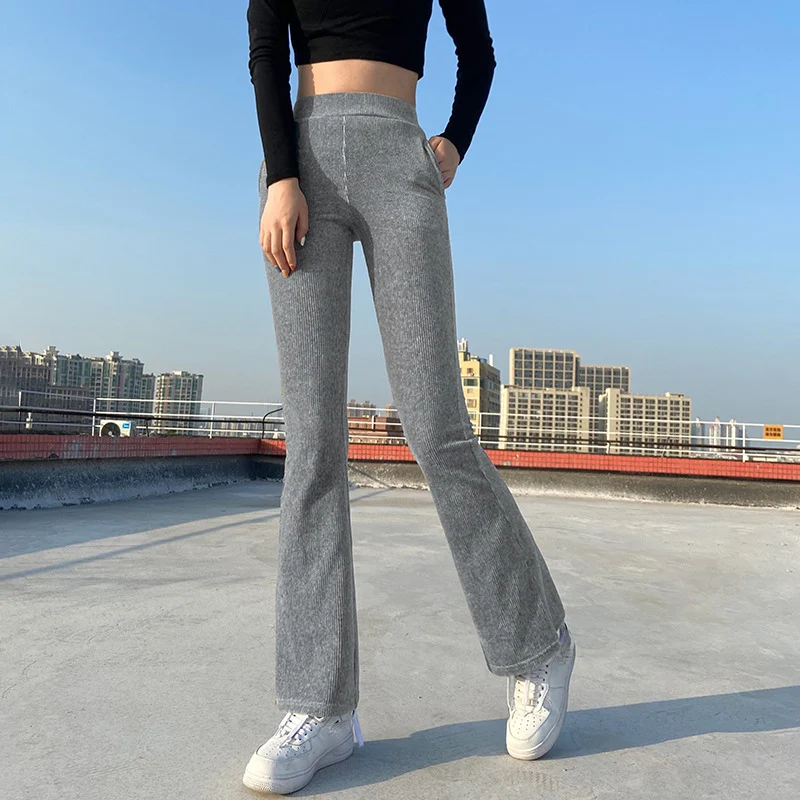

Solid Y2k Female Corduroy Flare Pants Women Casual Fall Winter 2021 Harajuku Long Stretch High Waist Trousers Sweatpants Capris