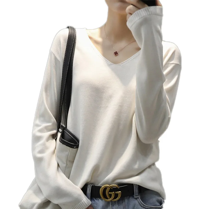 

Повседневный осенне-зимний Однотонный свитер с V-образным вырезом и длинным рукавом, пуловер, женская теплая облегающая вязаная одежда