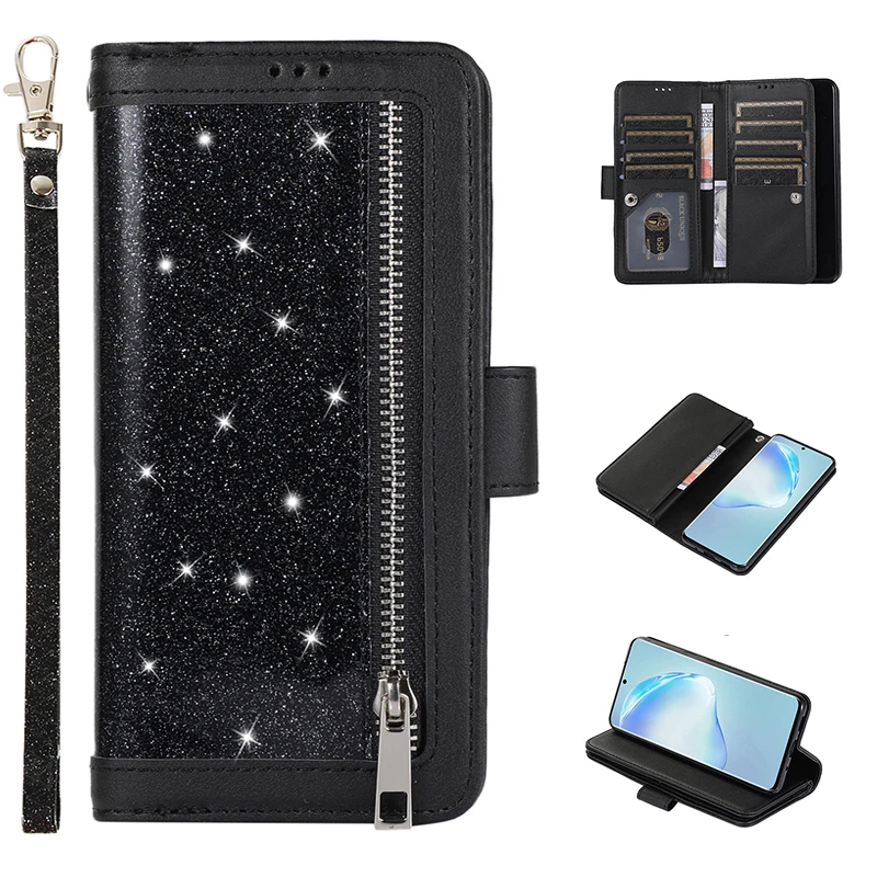 

Zipper Glitter Flip Case For Samsung S20 Ultra S10 Plus S10e S9 S8 Leather Wallet Magnetic Book Phone Case For Samsung Note 10 9
