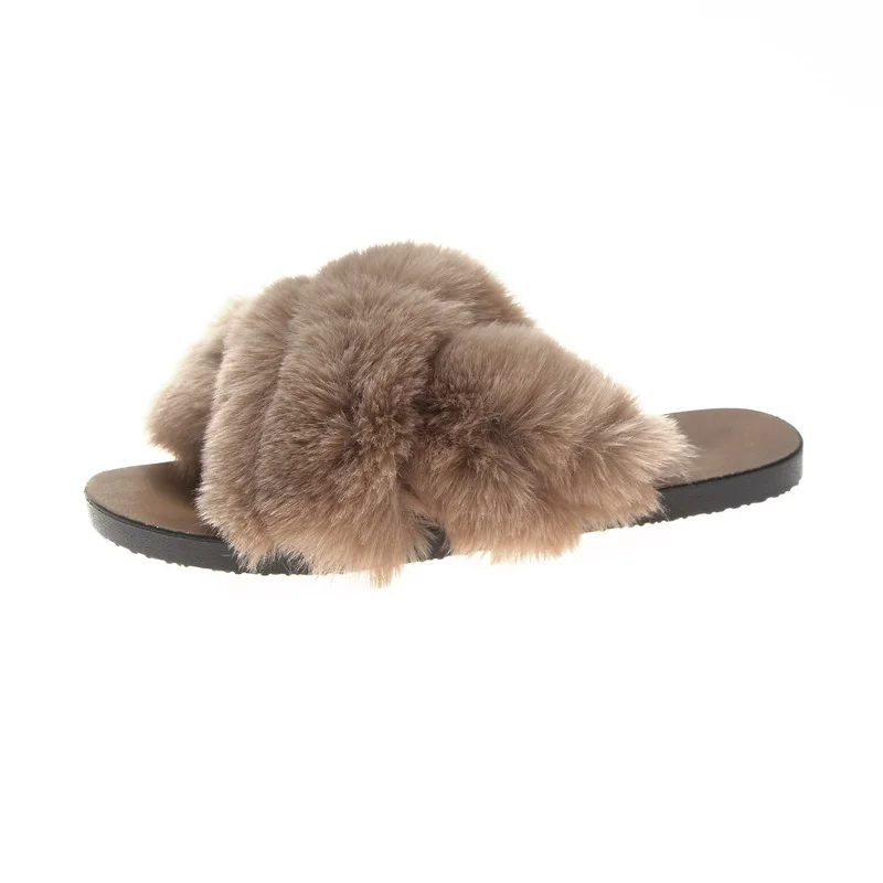 Осенние повседневные Симпатичные женские меховые тапочки с перекрестным ремнем