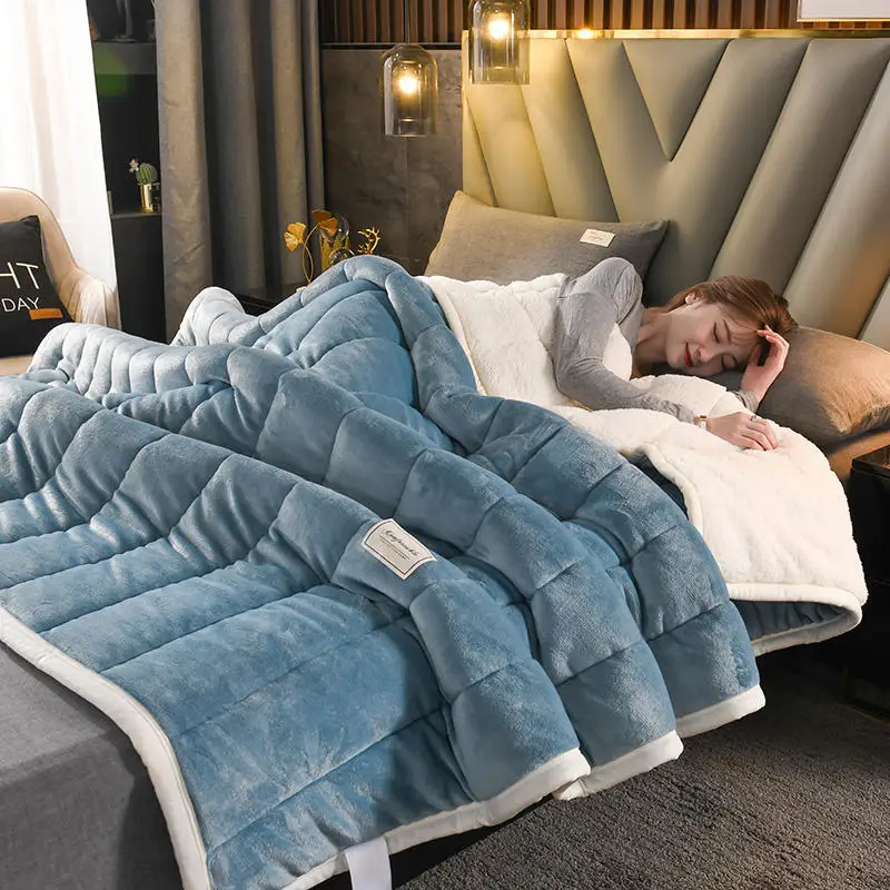 

3-слойное стеганое однотонное Флисовое одеяло, толстое теплое зимнее одеяло для взрослых, супер мягкое одеяло, роскошное домашнее постельно...