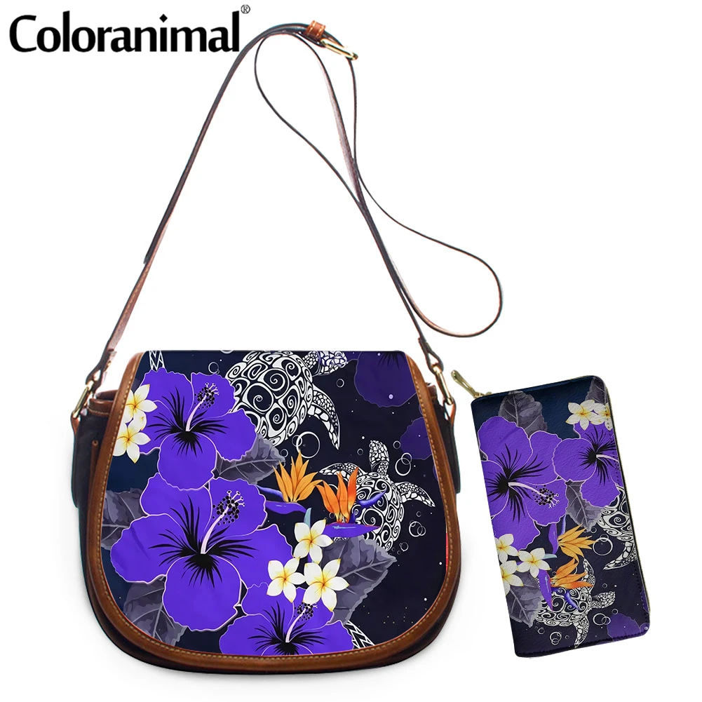 

Горячая Распродажа 2021, кожаная сумка-седло Coloranimal, гавайская черепаха, Фиолетовый Гибискус, полинезийская женская сумка через плечо с принтом, 2 сумки-тоут