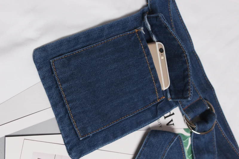 

SeeBeautiful New Fashion Spring 2021 Summer Double Ring Metal Buckle Girlde Splice Pocket Long Denim Belts Women Y602