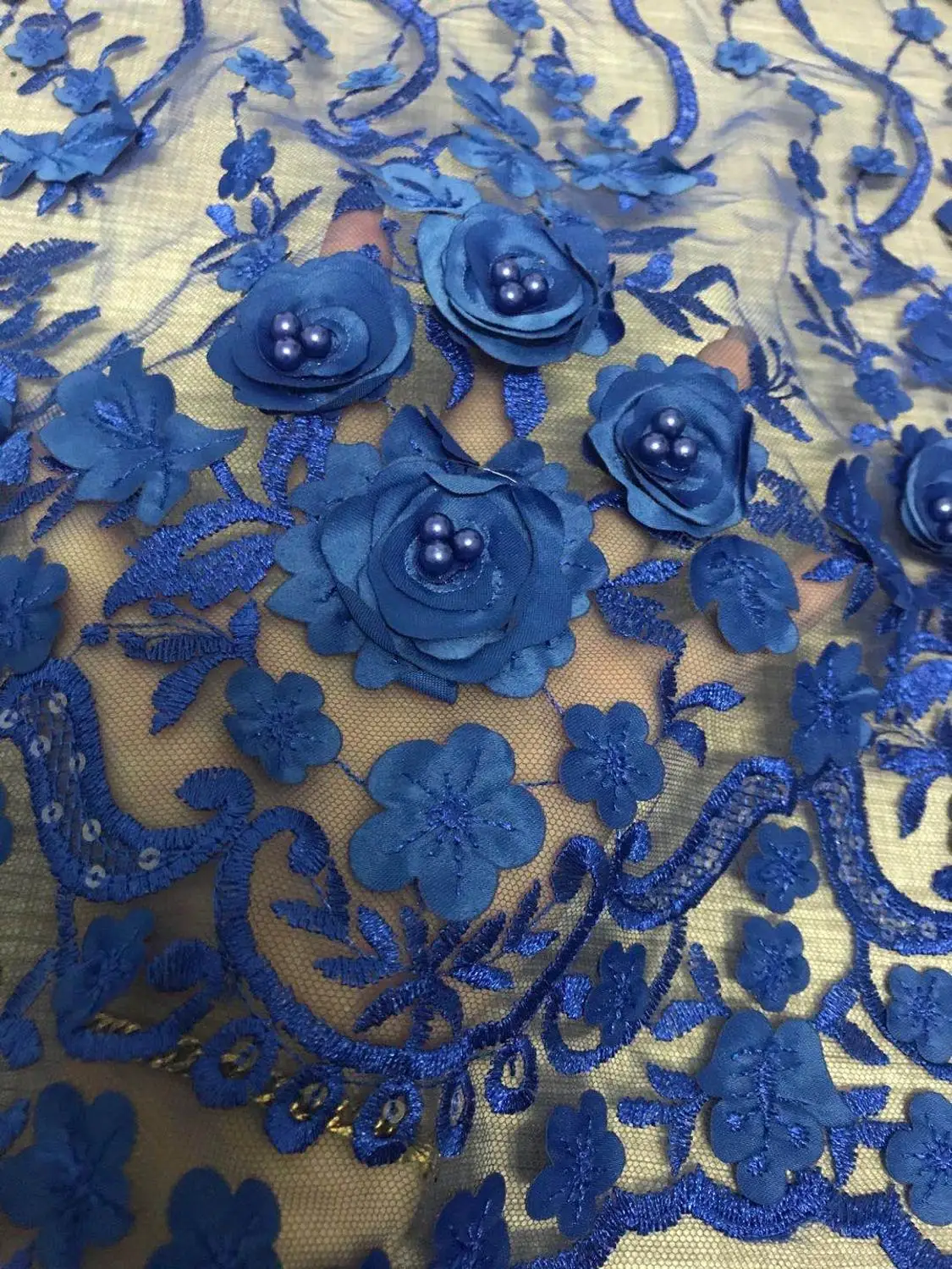 Распродажа красивая темно-синяя сетчатая ткань африканский тюль с бисером