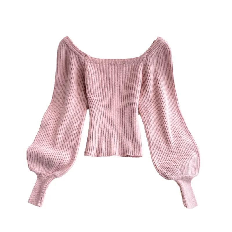 

Fashion Sexy Slash Neck Lantern Sleeve Knitted Top Women's 2021 Autumn Winter Long Sleeve Shirt Girl Thin Short Sweater