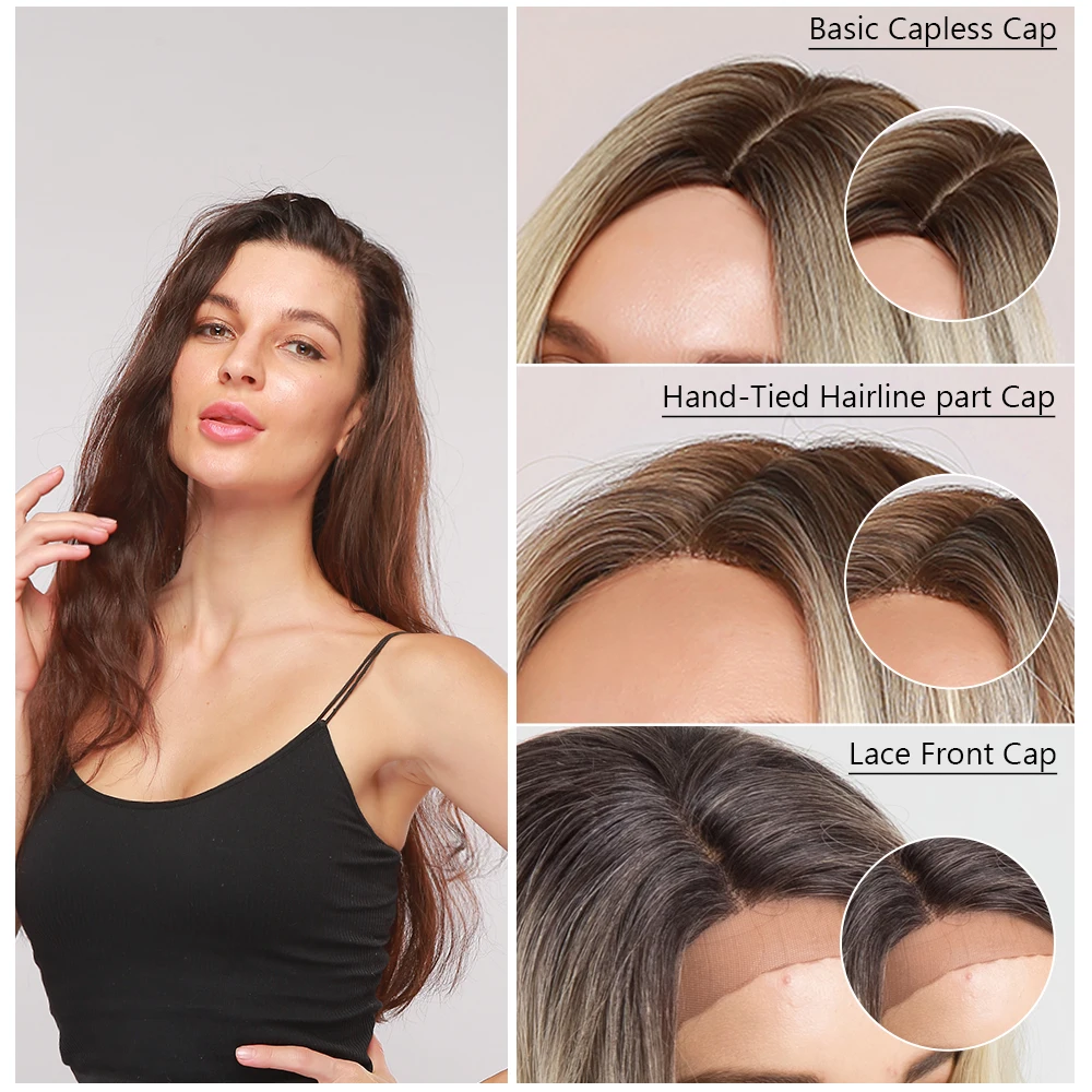 

LOUIS FERRE Natural Hairline Lace Part Wig Brown Golden Ombre Wave Synthetic Wig for Women Long Middle Part Heat Resistant Fibre