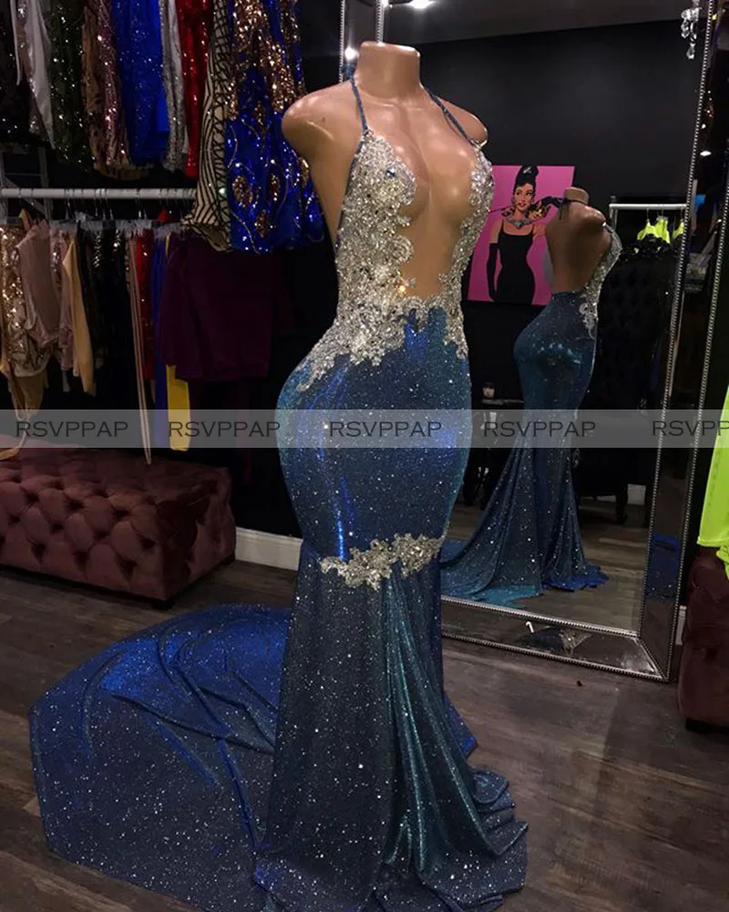 

Long Prom Dresses 2022 Sparkly Sexy Mermaid Halter Glittery Beaded Lace African Women Black Girl Navy Blue Prom Party Gowns