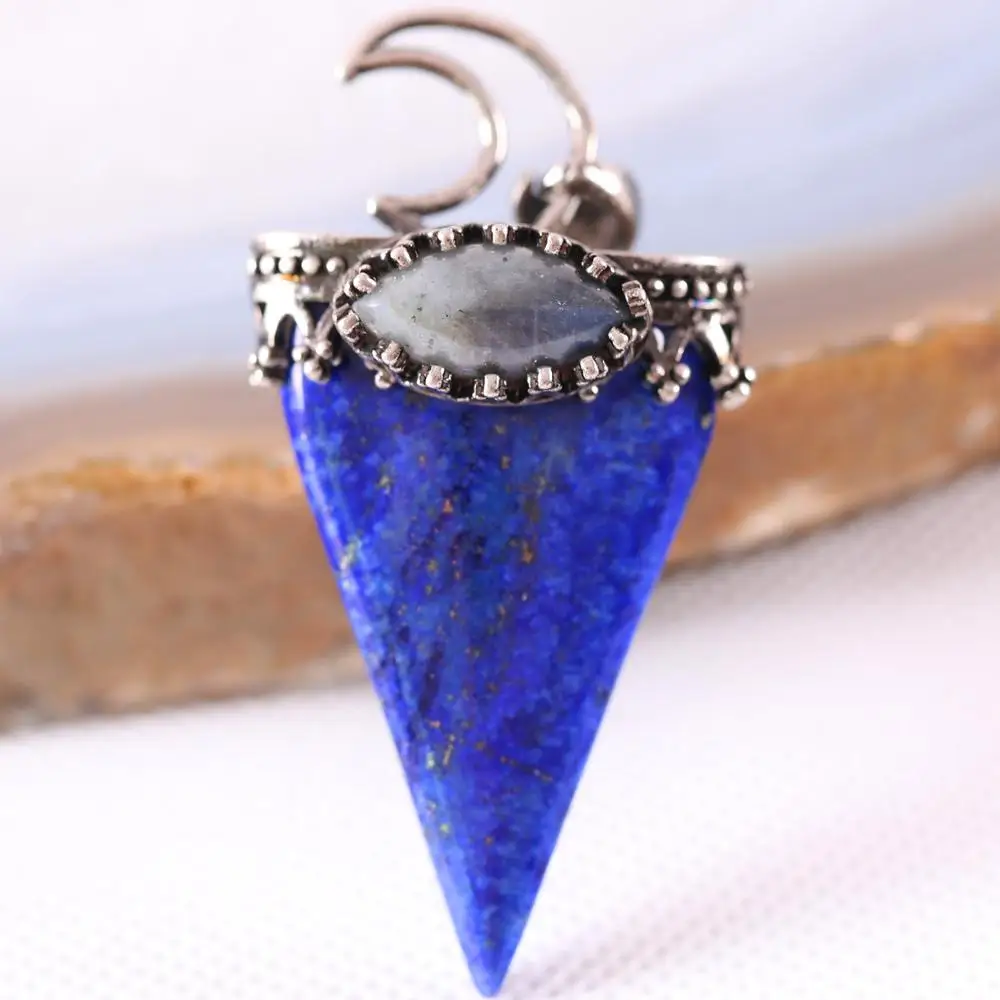 Charm Necklace Pendant Natural Gem Blue Lapis Labradorite Oval Bead Triangle Antique Crown Half Moon Jewery Gift K696