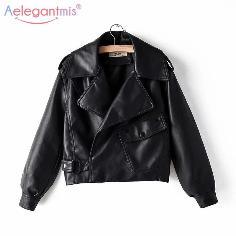 Aelegantmis New Fashion Designer Women Faux Leather Jacket PU Motorcycle Biker Coat Loose Streetwear Autumn Punk Outerwear | Женская