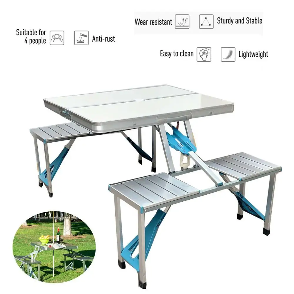 구매 야외 접이식 테이블 4 의자 캠핑 알루미늄 피크닉 테이블, 휴대용 초경량 내구성 정원 테이블 책상 가족 파티 바베큐