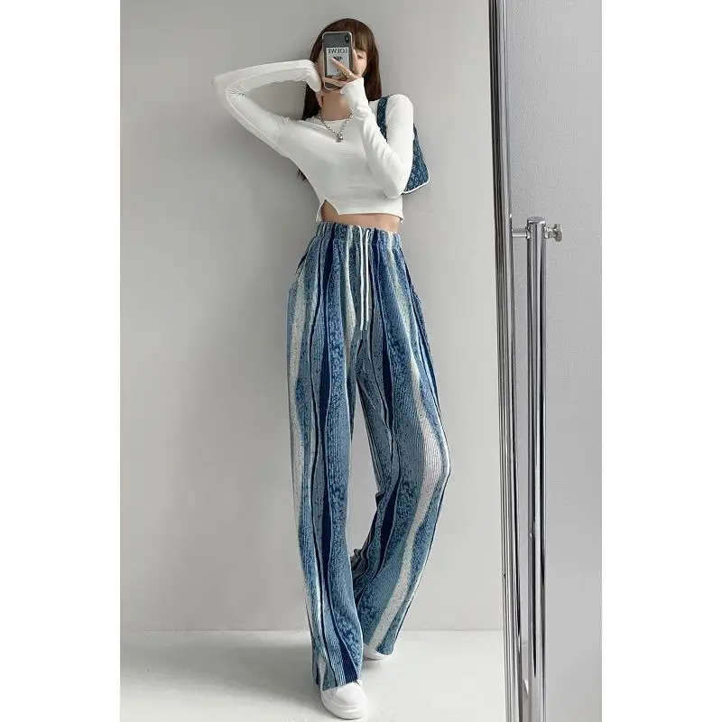 

Women's Folds Straight Leg Mopping Pants Girls Gradient Tie-dye High-rise Wide Pants Female Summer Casual Straight-leg Trousers