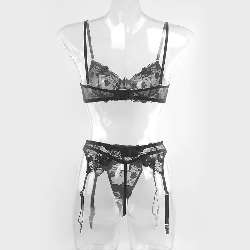 

Sexy Lace Bra and Panty Set with Garter Belt Women's Lingerie Y-Line Adjustable Shoulder Strap Transparent Brief Bra Sets