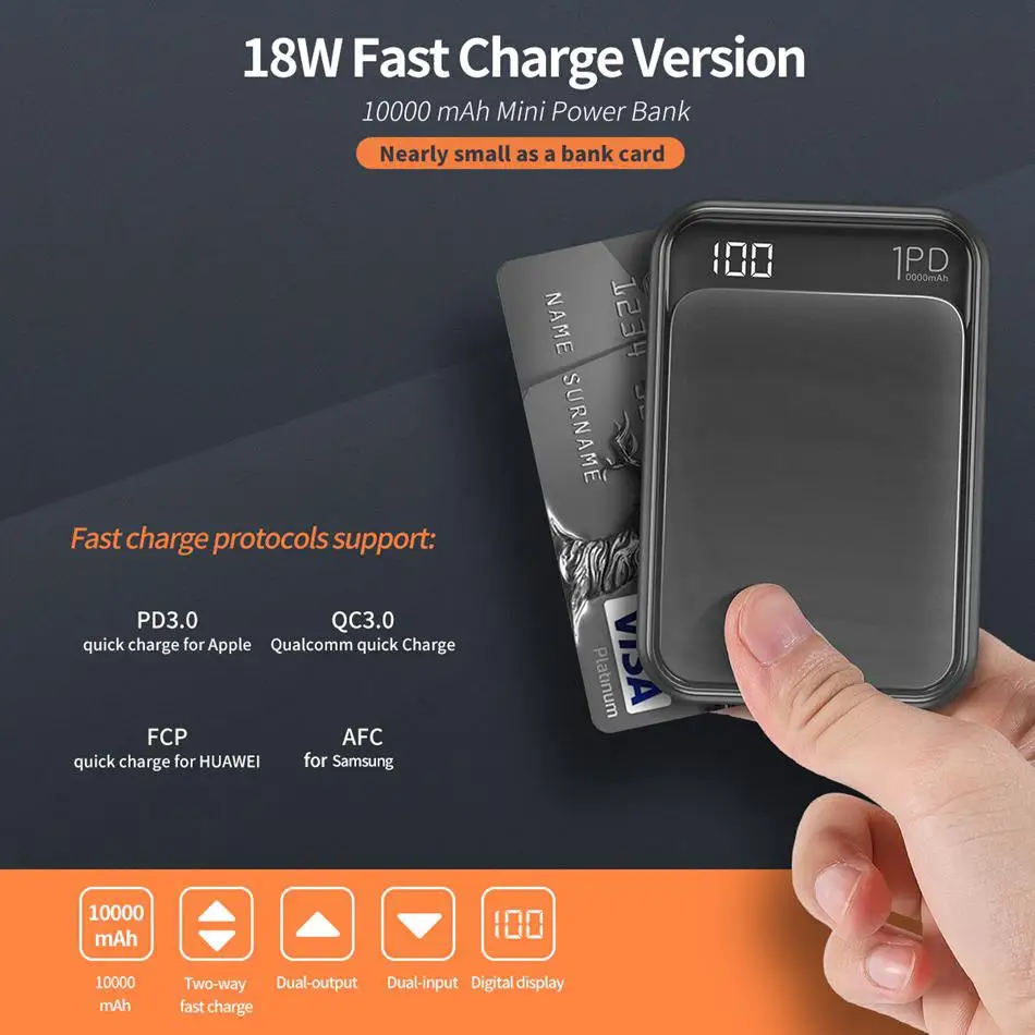 ROCK Mini 18 Вт Тип C Pd QC3.0 внешний аккумулятор 10000 мАч Мини Внешний светодиодный