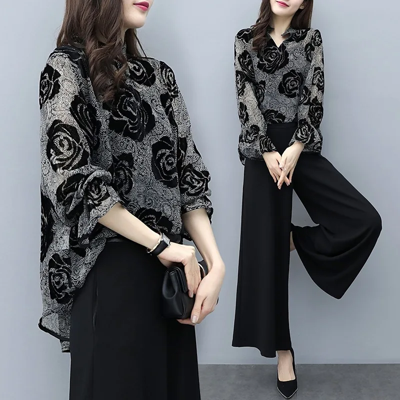 

Womens OL Summer 2 Piece Sets Floral Print Flare Sleeve Long Top + Plus Size Black Pants Suit Elegant Women Vintage Sets