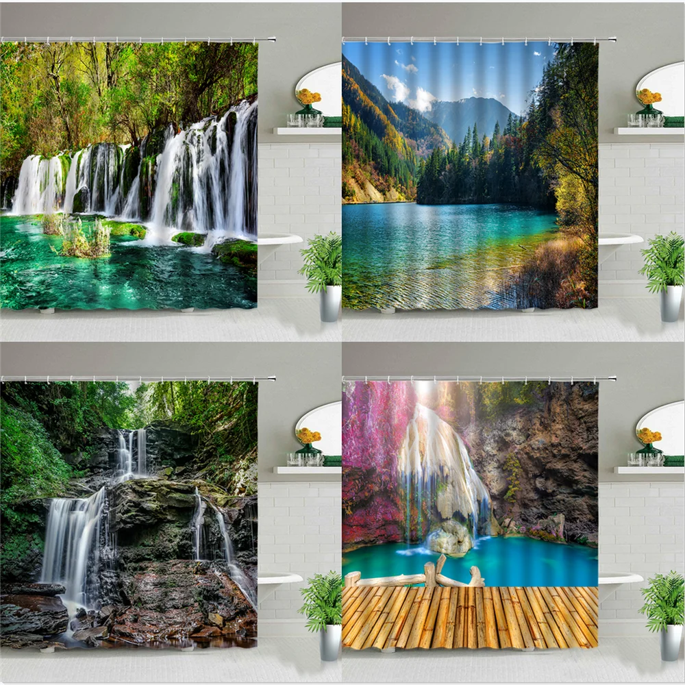 

Waterfall Scenery Shower Curtains Summer Landscape Forest Trees Bathroom Curtain Waterproof Fabric Bathtub Home Decor With Hooks