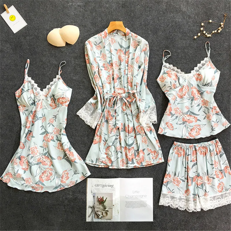 

pajamas set Spring autumn female ice silk printing four-piece pajamas robes strap shorts Korean home service sexy nightware