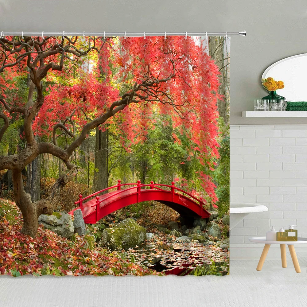 

Autumn Scenery Bridge Shower Curtains Forest Maple Leaves Mountain Waterfall Polyester Fabric Bathroom Supplies With Hooks Decor