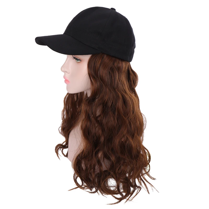 

Long Synthetic Baseball Cap Hair Wig Natural Black / Brown Wave Wigs Naturally Connect Hat Wig Adjustable For girl party