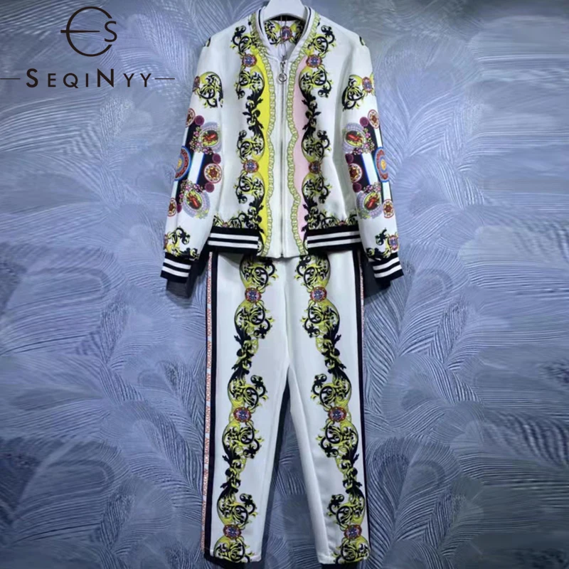 

Винтажный костюм SEQINYY, весна-осень, новый модный дизайн, Женская подиумная куртка + облегающие брюки, уличная мода с золотым цветочным принто...