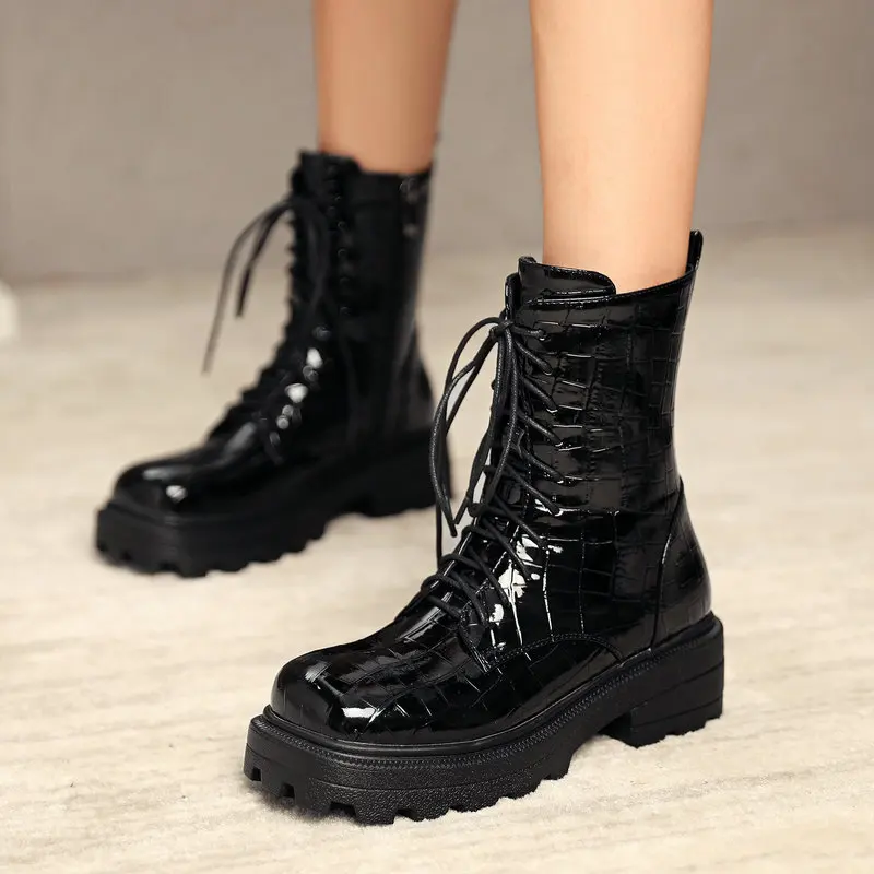 

Женские ботинки на платформе, черные или коричневые ботильоны на плоской подошве, с квадратным носком, на молнии, Осень-зима