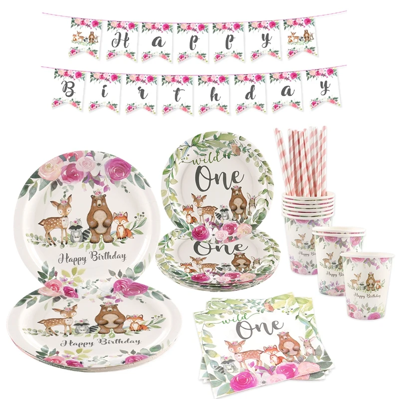 

С изображением животных из джунглей вечерние и надписью «Wild One» посуда сафари День рождения вечерние украшения Дети одноразовая посуда бан...