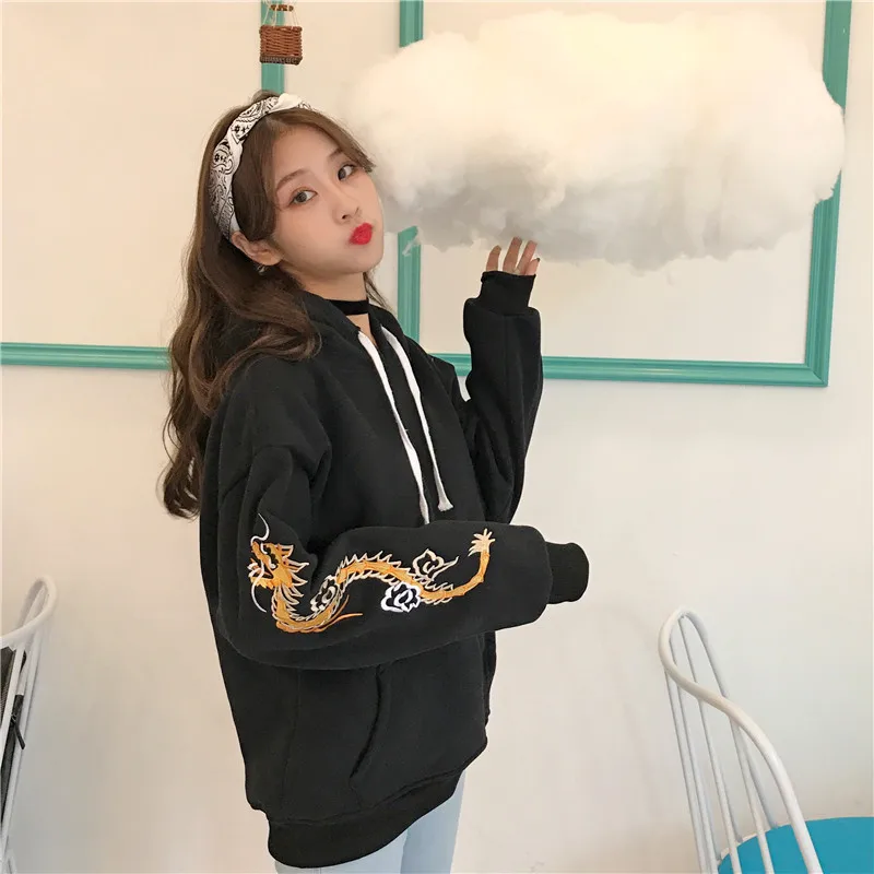 Уличная Толстовка для женщин и мужчин китайский дракон вышивка модная Harajuku