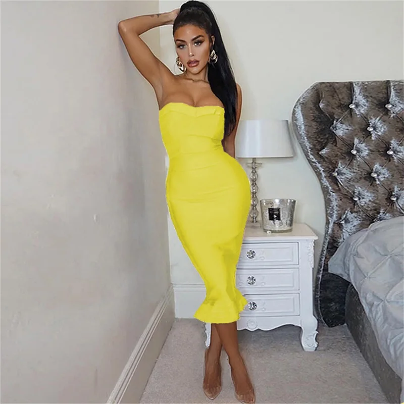 

Ruffles Mermaid Bandage Dress Women Sexy Strapless Bodycon Knitted Dresses Celebrity Evening Party Club Midi Outfits