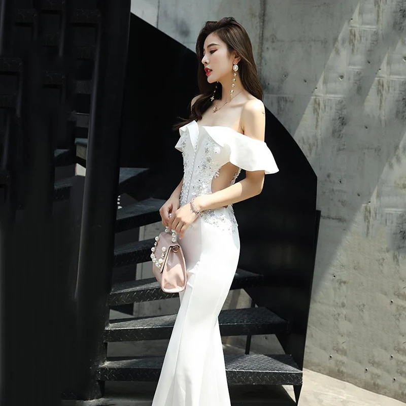 Пикантные женские с открытыми плечами Qipao элегантные белые шелковые вечерние платья изысканный горный хрусталь Макси платье Новинка рыбий хвост платье