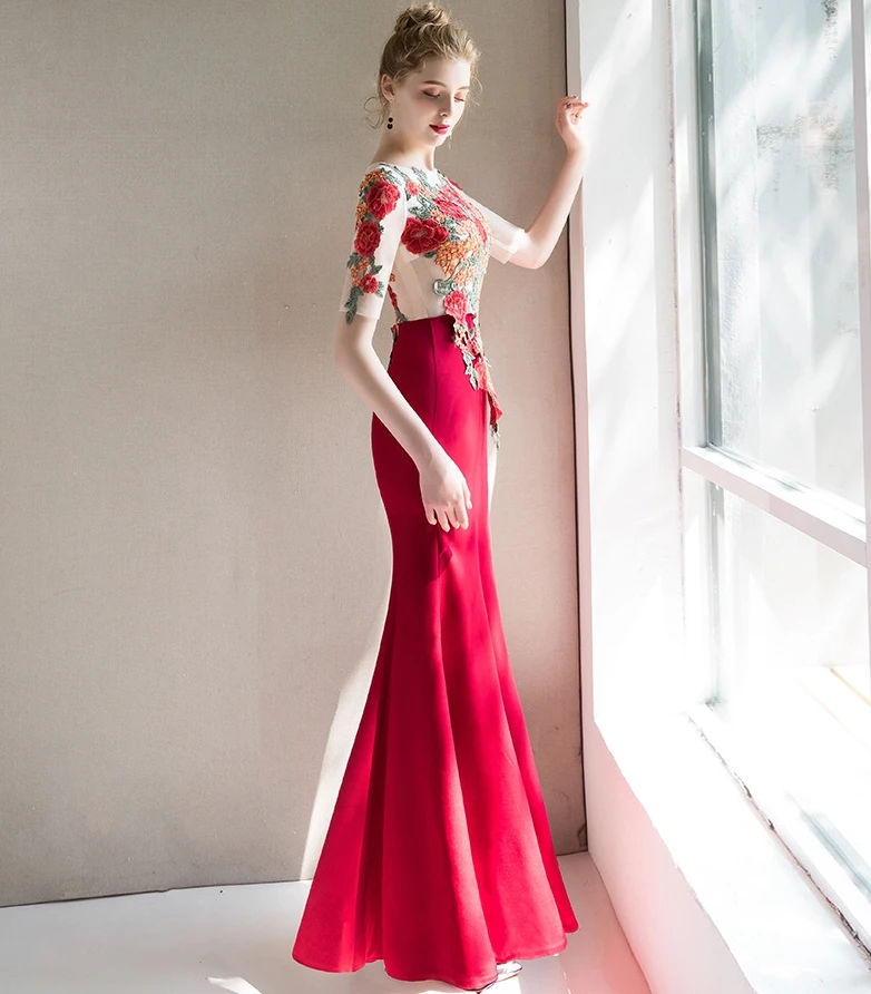 Женское вечернее платье-русалка элегантное темно-Красное Кружевное длинное