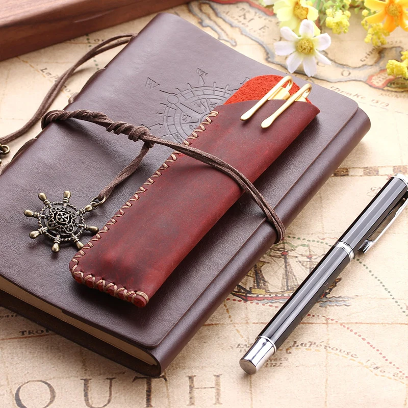 

Vintage Genuine Leather Pen Pouch Holder Pencil Bag Case Cowhide Fountain Pen Case Holder Travel Journal School Office Supplies