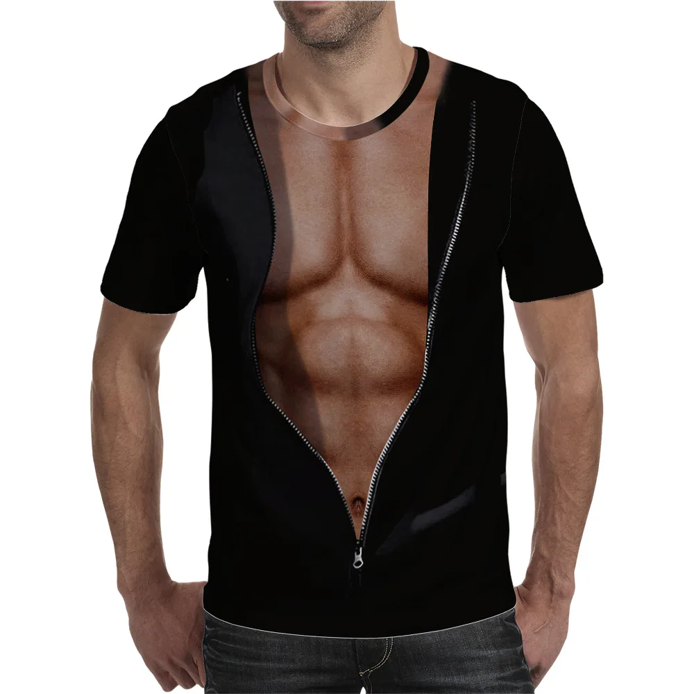 

2021 new funny 3D muscle T-shirt men's summer short-sleeved fitness T-shirt punk style hip-hop round neck short sleeve Graphic