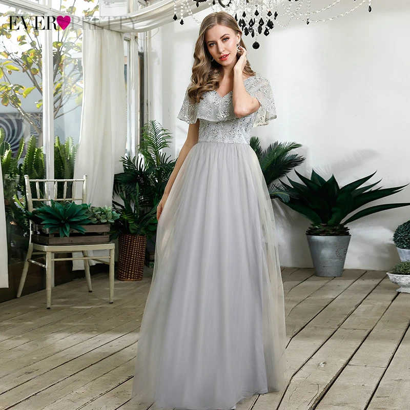 Платье подружки невесты Ever Pretty ТРАПЕЦИЕВИДНОЕ Тюлевое платье серого цвета с V