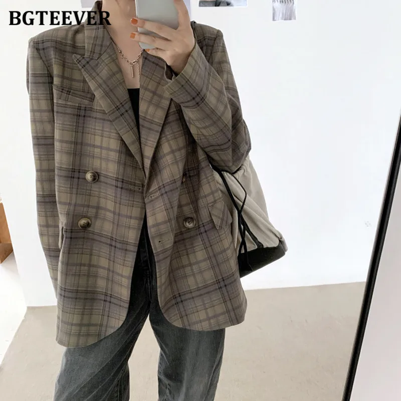 Винтажный женский клетчатый пиджак BGTEEVER с английским воротником весна 2021