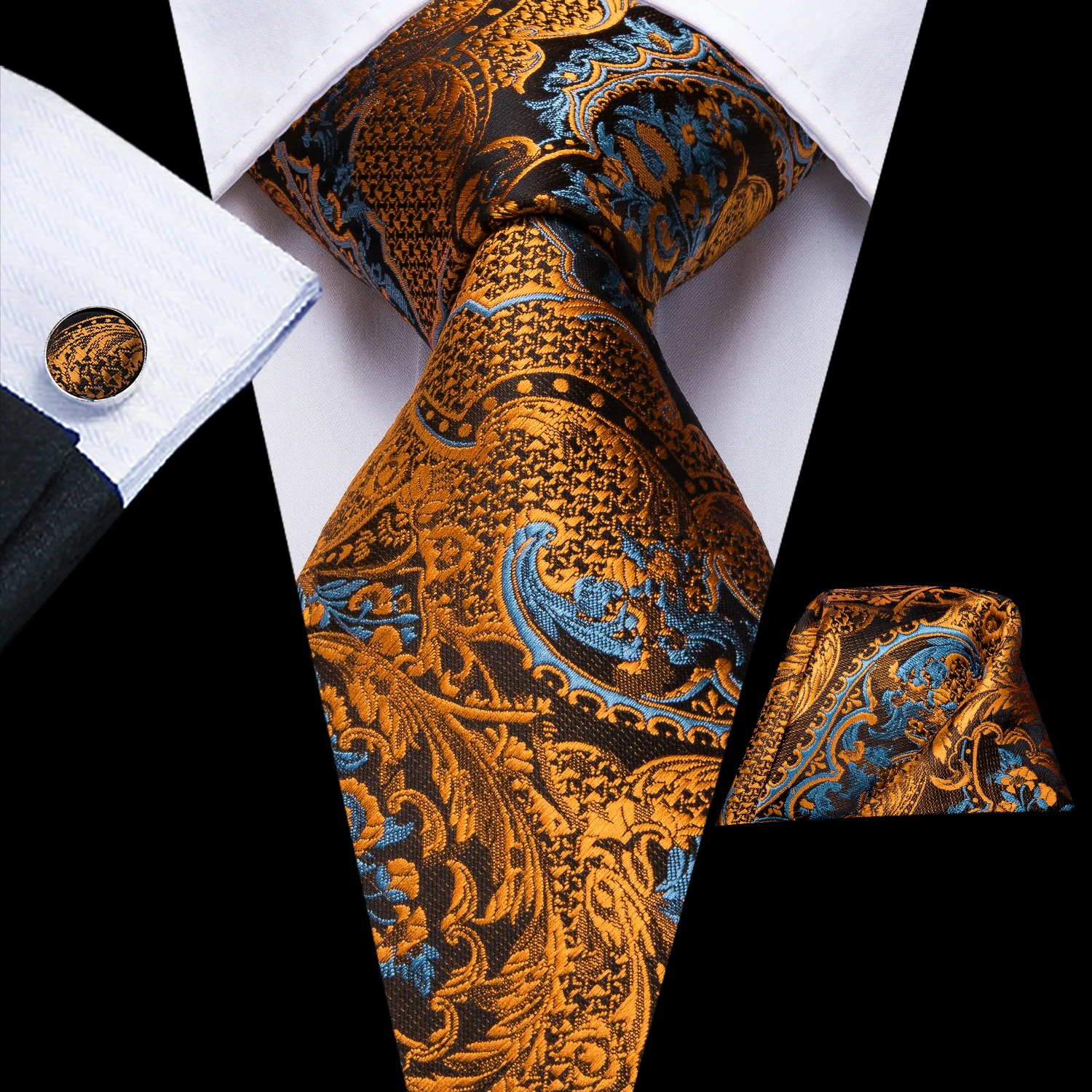 

Hi-Tie Mens Necktie Black Gold Blue Paisley Silk Wedding Tie For Men Hanky Cufflinks Gift Tie Set Business Party Dropshipping