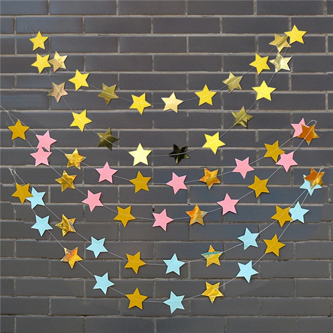 10PCS new 4M Bright Gold Silver Paper Garland Star String Banners Wedding Party Home Wall Hanging Decoration baby shower favors