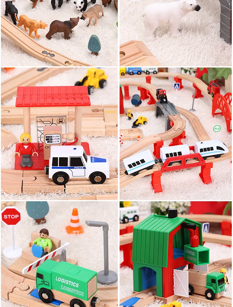 Wooden Train Track Set Dinosaur Wildlife Scene Wooden Train Track Toy Set Brio Railway Magical Bridge Accessories Toys For Child