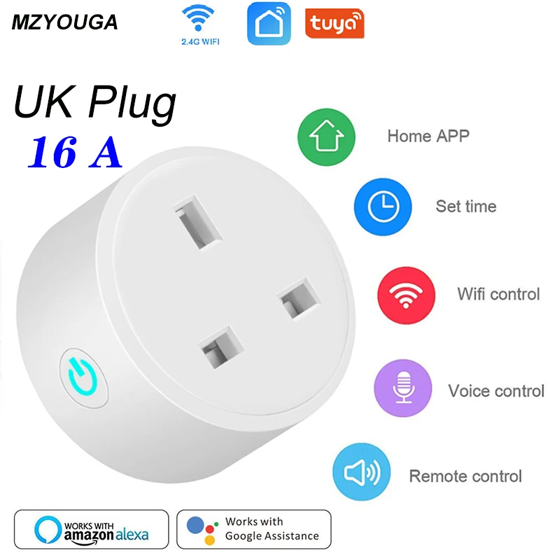 Tuya 16A монитор питания Wifi умная розетка умная мини вилка Великобритания WiFi Пульт дистанционного управления с Alexa Google home