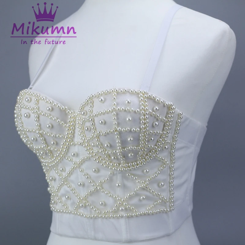 Черный белый жемчуг Bralet Corselet женский ночной клуб вечерние бюстье бюстгальтер обрезанный Топ Плюс Размер Camis Mujer