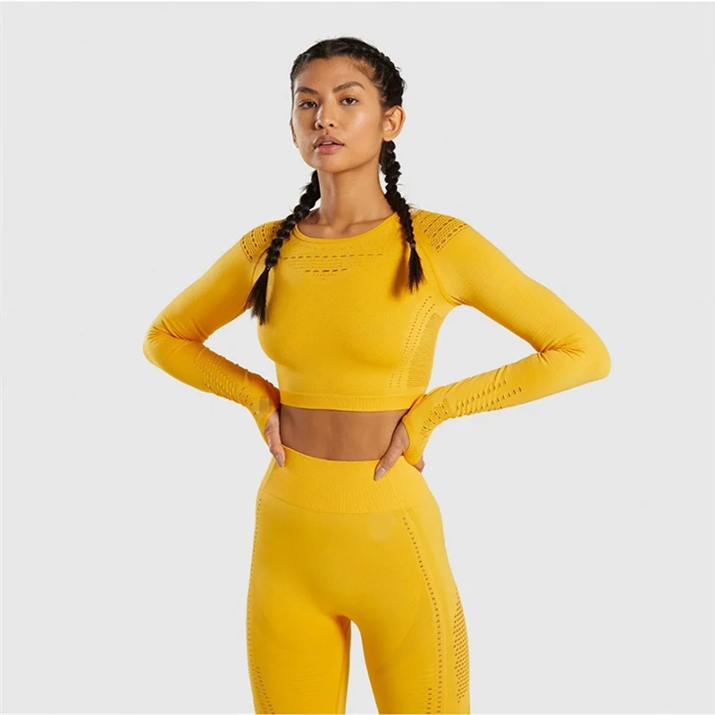 Yellow Suit Безупречный бесшовный спортивный костюм для женщин, трикотажный комплект для тренажерного зала и тренировок, укороченный Топ с длинным рукавом для фитнеса и Компрессионные Леггинсы, комплект из 2 предметов для йоги - Цвет: Yellow Suit